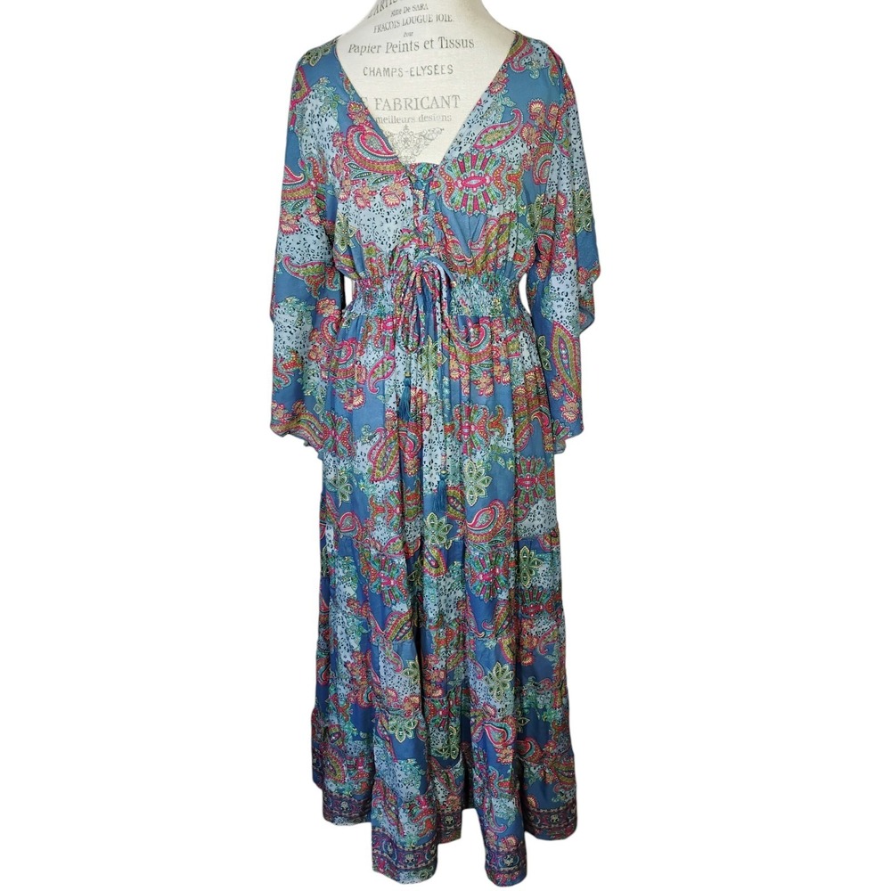 Boemo Maxi Dress Womens Medium Blue Paisley‎ Boho Kimono Sleeve Tassels Tiered